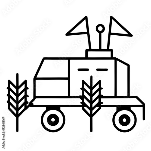 Line art illustration of a futuristic autonomous vehicle in a field