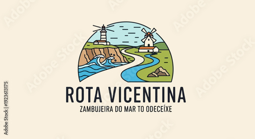 Coastal path with lighthouse and windmill, leading to the sea