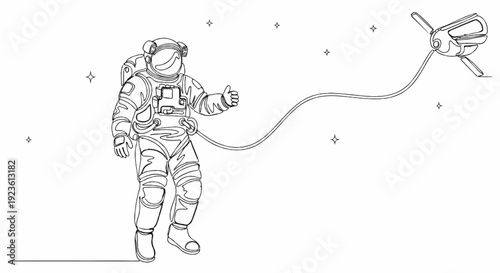 Astronaut in space gives a thumbs up, tethered to a small spacecraft, surrounded by stars
