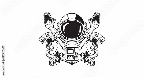Astronaut entangled with four roaring reptilian creatures