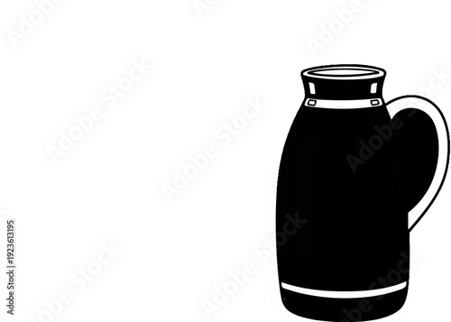 Black pitcher with a handle and white accents on white background