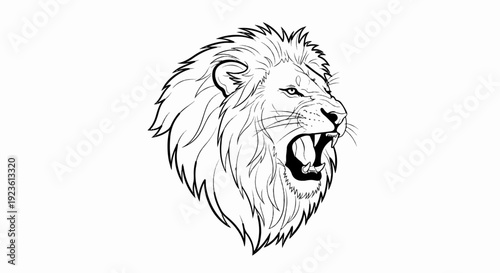 Black and white line drawing of a roaring lion's head with mane
