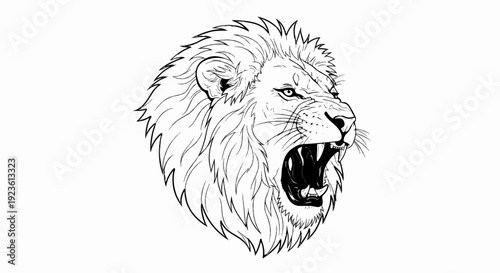 Black and white line drawing of a roaring lion's head in profile