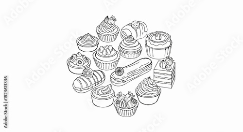 Assortment of hand-drawn cakes and pastries in a circular pattern