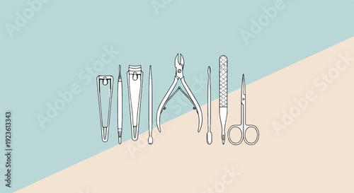 Assortment of hand manicure tools laid out against a pastel background