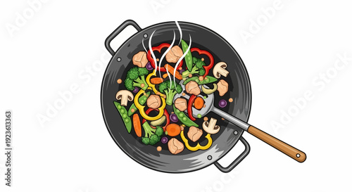 Colorful stir-fry with vegetables and meat in a wok