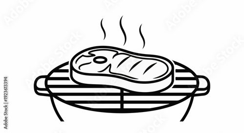 Black and white line drawing of a steak cooking on a grill with steam