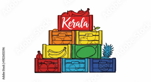 Colorful stacked crates overflowing with tropical fruits, featuring bananas, pineapples and durian
