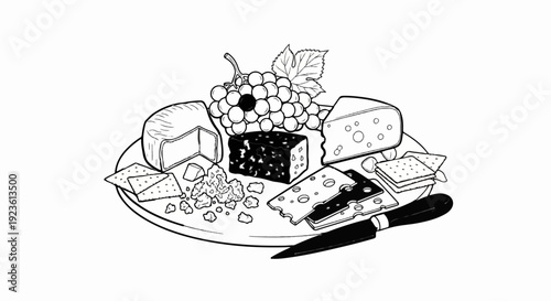 Assortment of cheeses, crackers, grapes, and knife on a plate