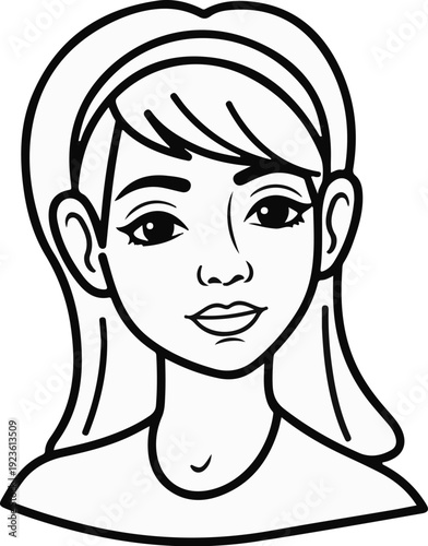 Black and white line drawing of a young woman's head and shoulders
