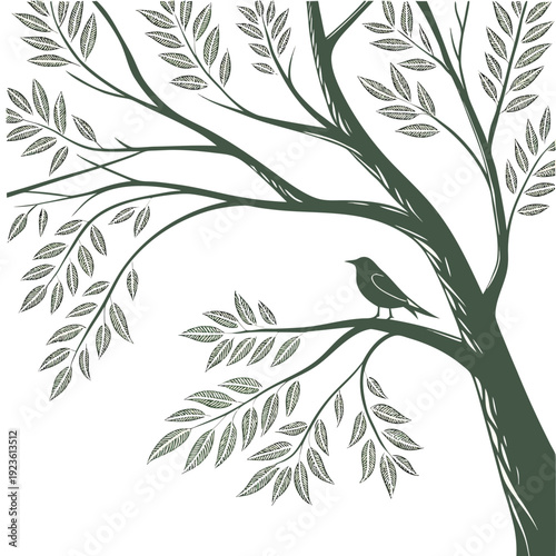 Bird perched on tree branch isolated on white.