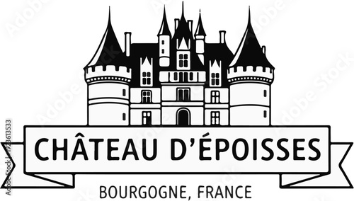 Elegant castle illustration with stylized banner and location text