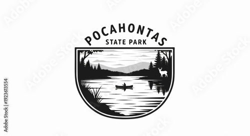 Black and white logo depicting a tranquil lake with a canoe and a deer