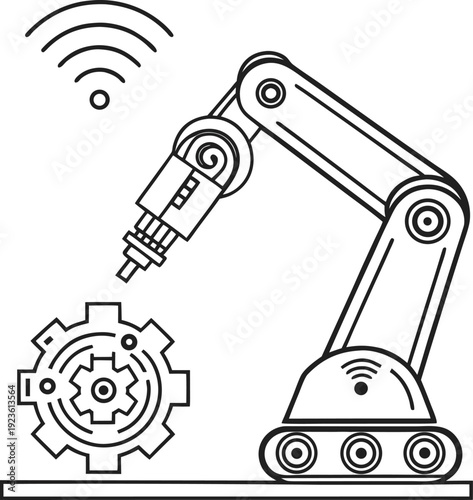 Industrial robotic arm interacting with a mechanical gear system for automation tasks