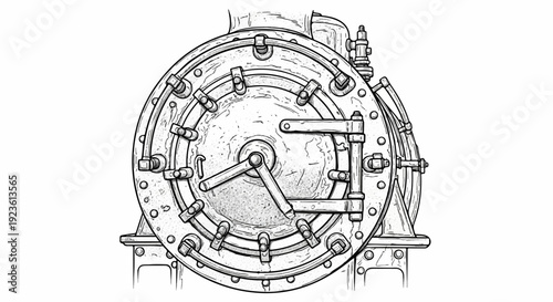Close-up illustration of a large, round, bolted hatch with a lever mechanism
