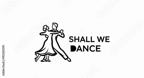 Elegant couple in formal attire dances gracefully, text implies an invitation