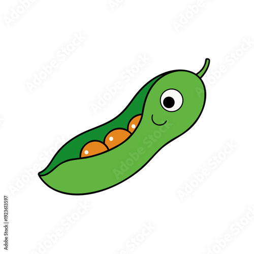 Cute Smiling Pea Pod with Peas Cartoon Illustration