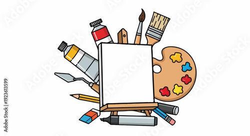 Assorted art supplies including paints, brushes, palette, and easel frame a canvas