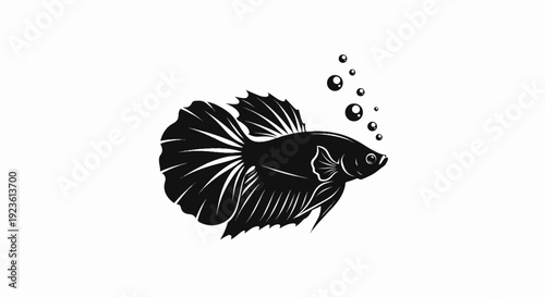 Black silhouette of a fighting fish with flowing fins and bubbles