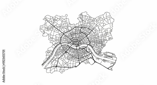 Black and white map of a city with concentric rings and a river