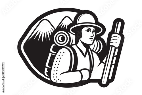 Monochrome icon depicts tourist wearing sunhat carrying backpack and hiking stick inside circle