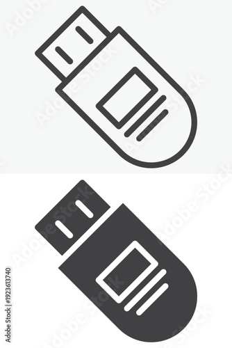 USB flash drive icon set in line and solid style. Outline and solid USB flash drive icon with editable stroke vector sign and symbol for data storage.
