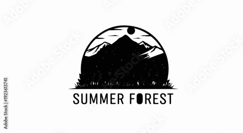 Black silhouette of a forest and mountains under a moon within a half circle