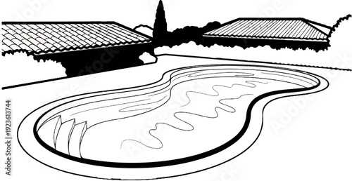 Artistic rendering of a backyard swimming pool with tiled roofs