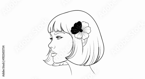 Artistic outline portrait of a woman with a bob haircut and flower