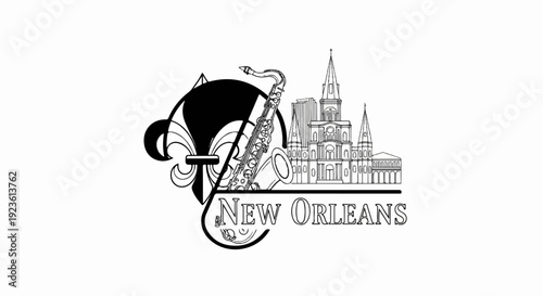 Artistic illustration of New Orleans featuring a saxophone and iconic architecture
