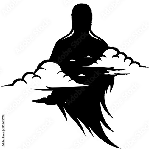 Black silhouette of a figure emerging from clouds with flowing bottom