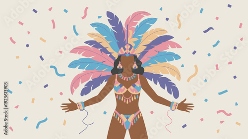 A vibrant woman in a colorful costume celebrating with feathers and confetti