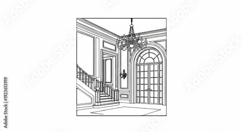 Elegant interior with grand staircase, arched doors, and chandelier