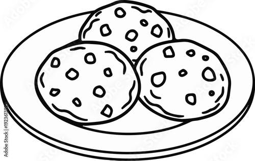Black and white outline drawing of three round cookies with chips on a plate