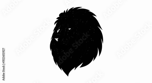 Black silhouette of a lion's head with a flowing mane against a white backdrop