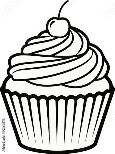 Black and white outline of a cupcake with frosting and cherry