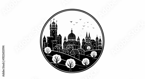 Black silhouette of a medieval city with a castle, churches, and trees within a circle