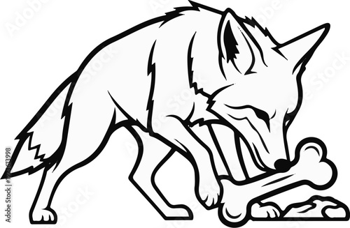 Black and white outline of a fox holding a bone in its mouth