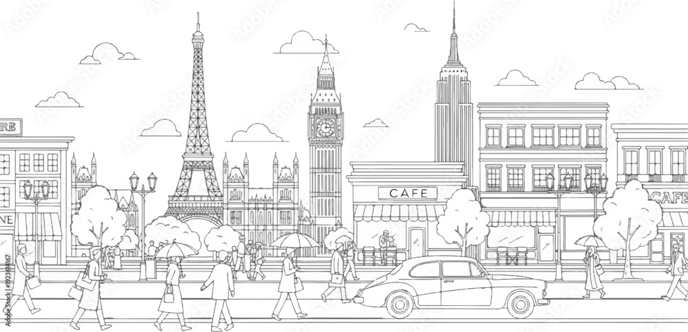 Fototapeta premium Cityscape with famous landmarks, people walking, cafes, and vintage cars