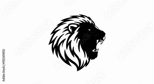 Black and white roaring lion head with sharp teeth and flowing mane