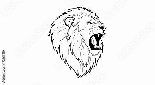 Black and white roaring lion head with a majestic mane