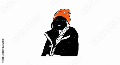 Black and white portrait with vibrant orange beanie and jacket