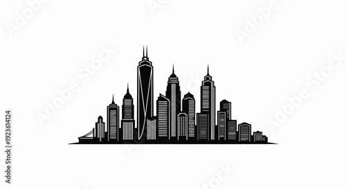 Black and white silhouette of a city skyline with diverse skyscrapers