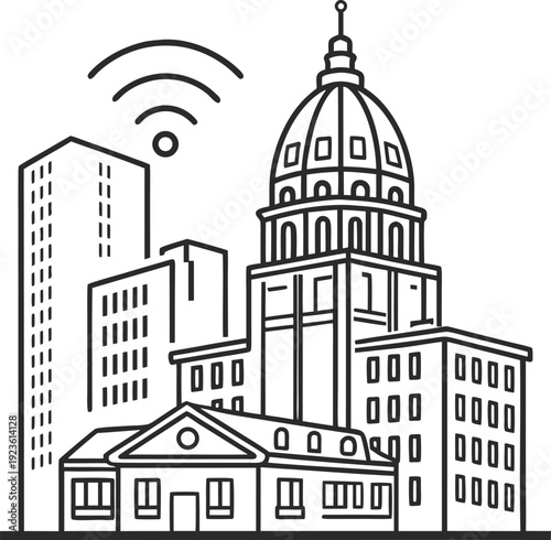 Urban landscape featuring a historic building with modern infrastructure icons