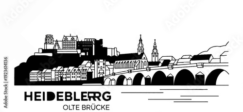 Black and white silhouette of a historic cityscape featuring a bridge, buildings, and a castle