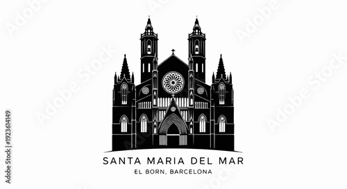Black and white silhouette of a gothic cathedral with two towers and ornate facade