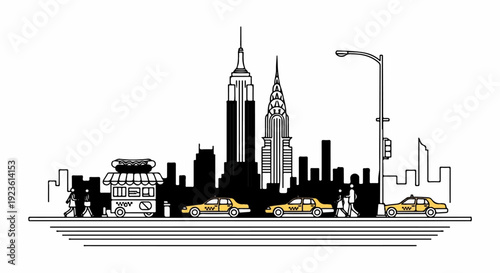 Cityscape with iconic buildings, taxis, street food cart, and people