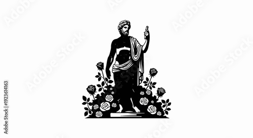 Black and white silhouette of a male statue holding a cylinder amidst roses