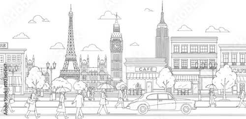 Cityscape with famous landmarks, people walking, cafes, and vintage cars