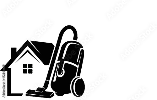 Black and white silhouette of a house and vacuum cleaner
